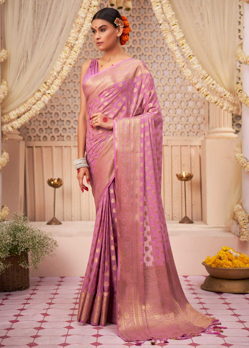 MySilkLove Kobi Pink Woven Georgette Saree