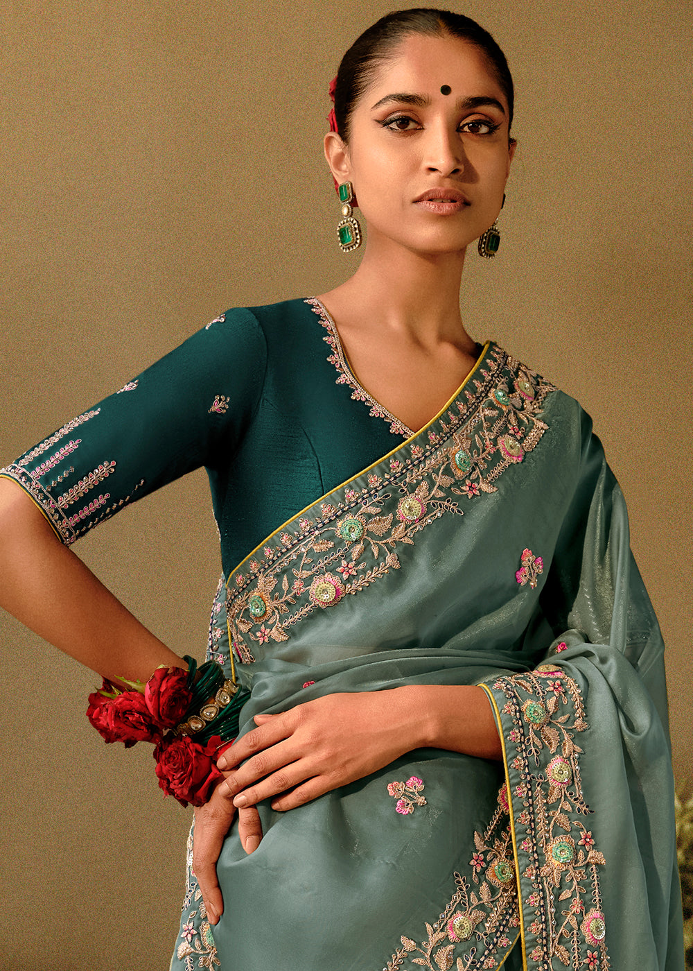 Buy MySilkLove Axolotl Green Embroidery Designer Banarasi Dola Silk Saree Online