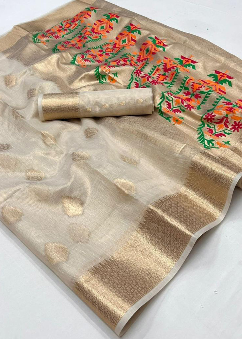 Buy MySilkLove Hampton Cream Handloom Tissue Silk Saree Online