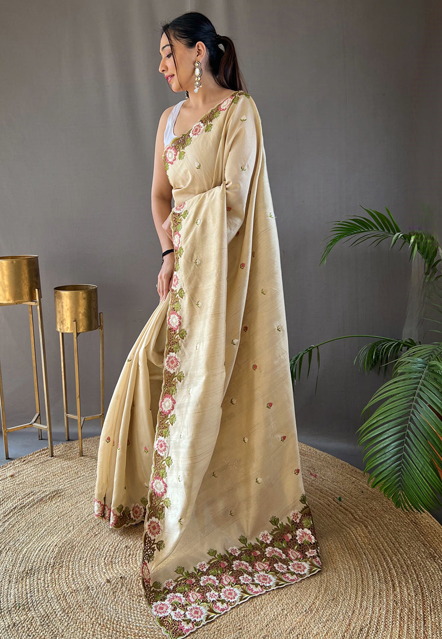 Buy MySilkLove Spanish Craem Embroidered Tussar Silk Saree Online