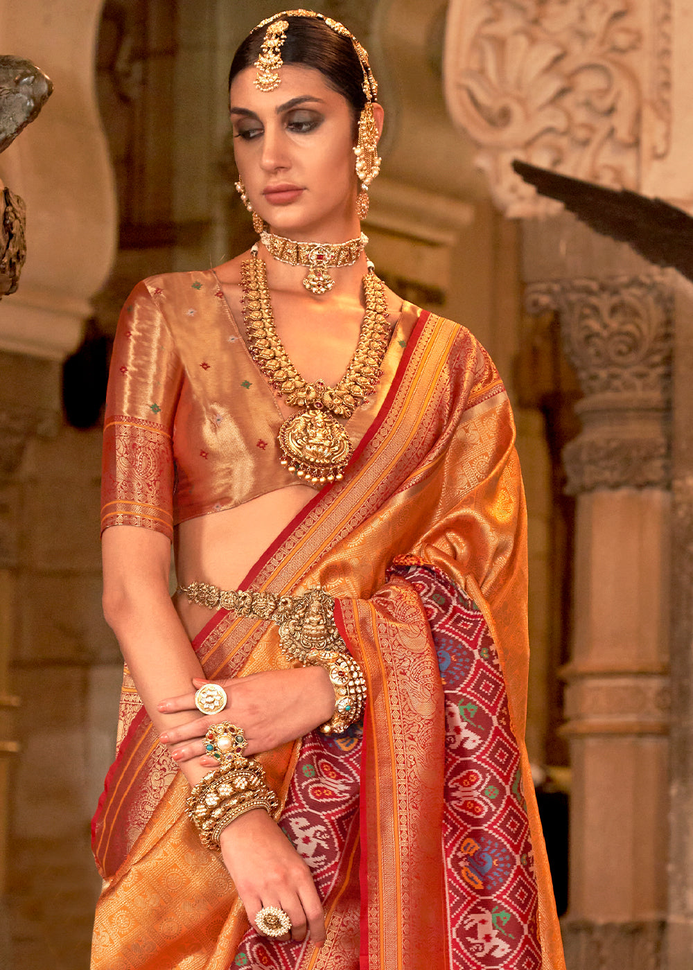 Buy MySilkLove Raw Sienna Orange Zari Woven Banarasi Meenkari Silk Saree Online