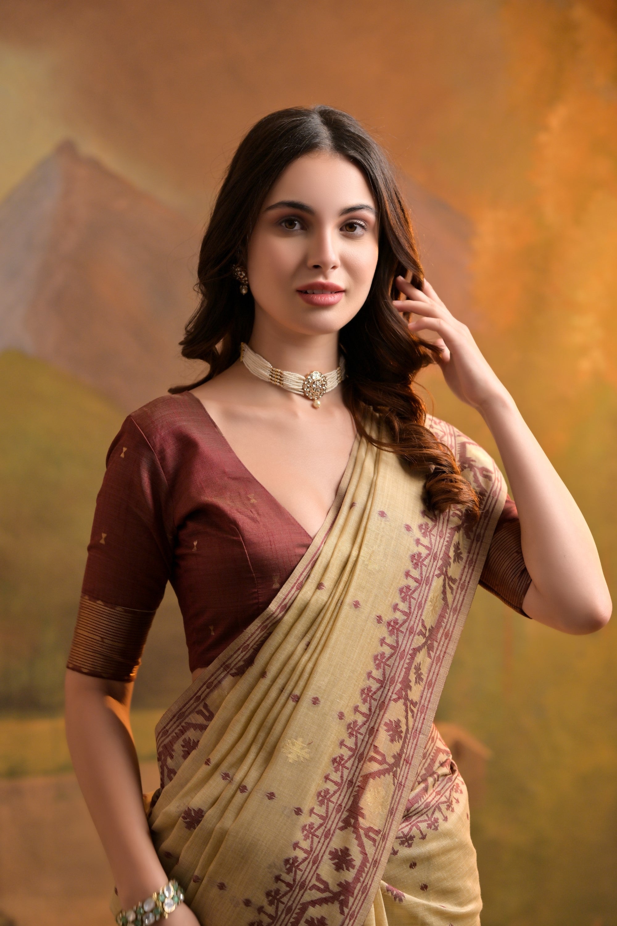 Buy MySilkLove Brandy Cream Jamdani Woven Muga Cotton Saree Online