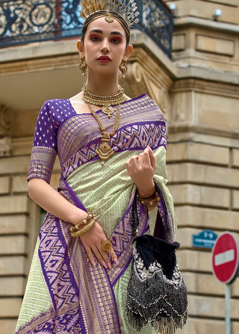 Purple & Green Woven Banarasi Silk Saree – Zari Banaras