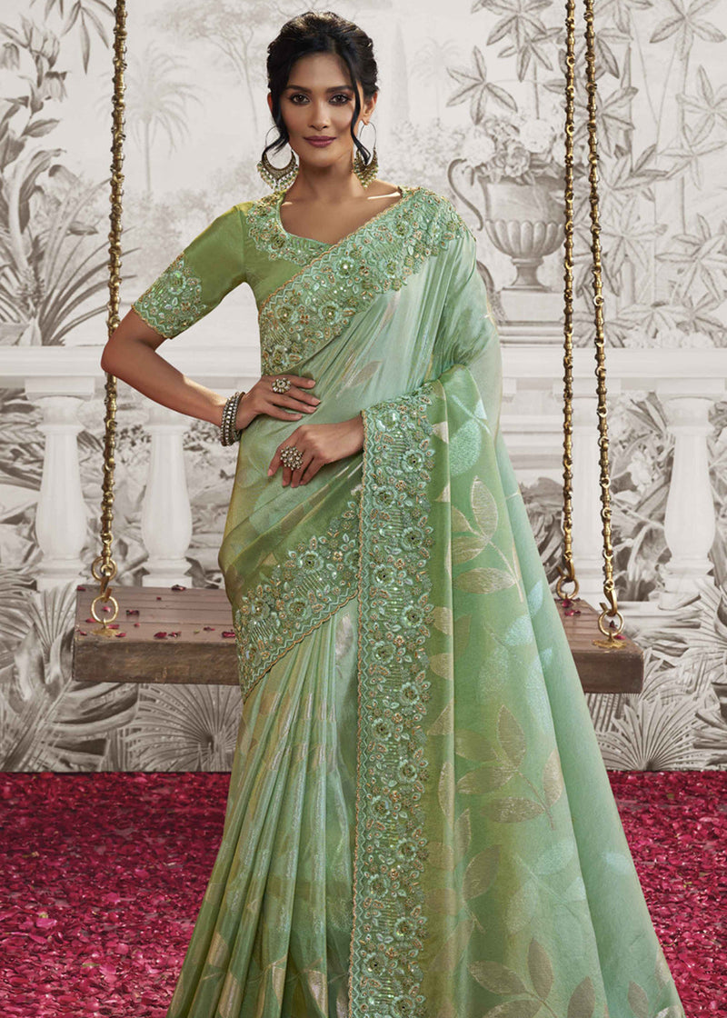 Flirty Mint Green | Organza Silk - Designer Saree With Embroidered Blo –  Anaysa Fashion