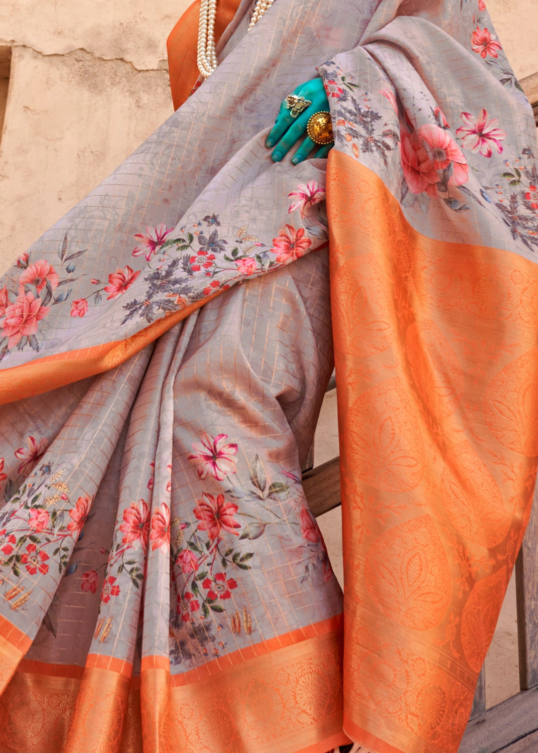 Buy MySilkLove Cloudy Grey and Orange Georgette Handloom Printed Saree Online