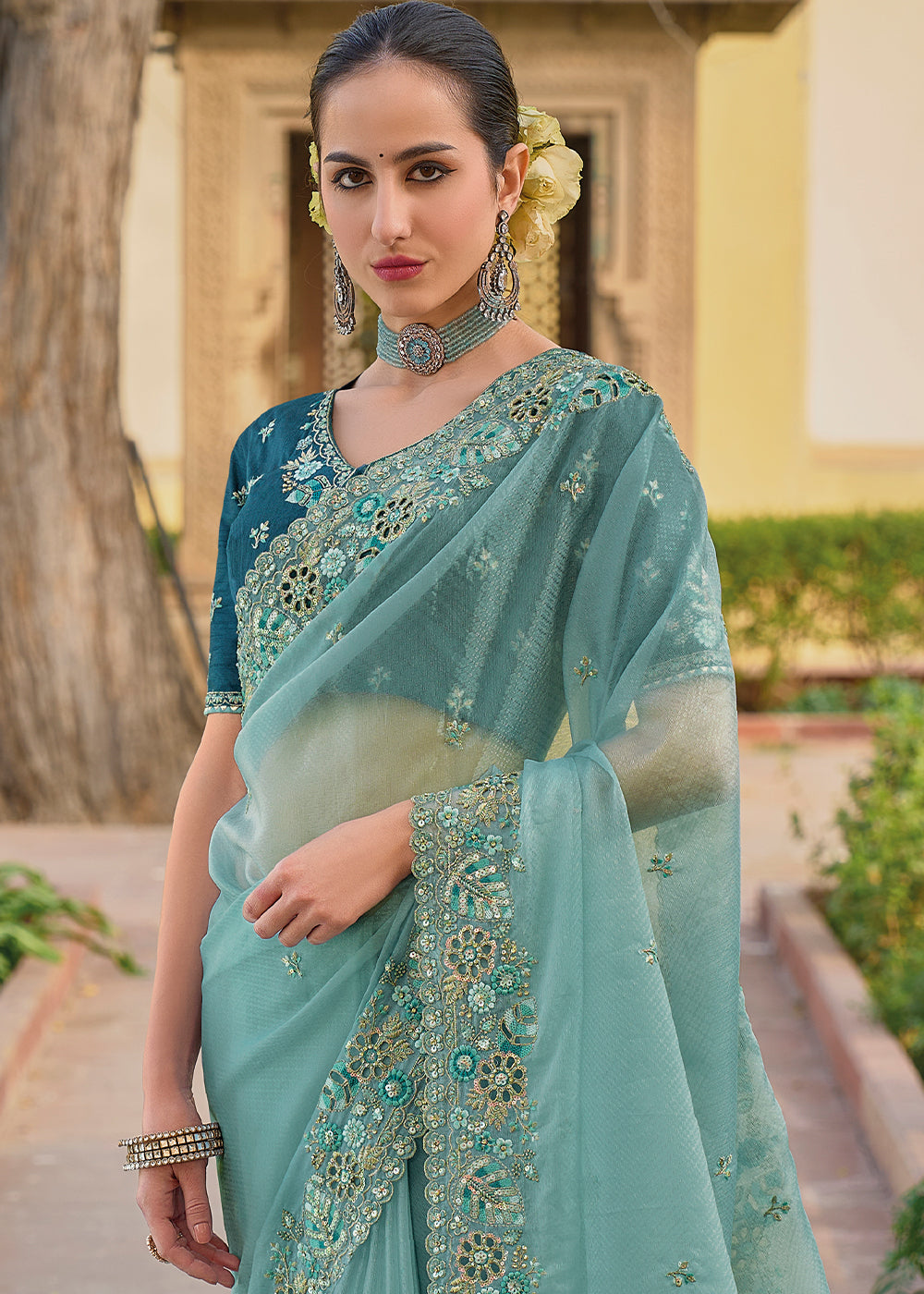 Buy MySilkLove Sea Nymph Blue Tissue Organza Embroidered Silk Saree Online