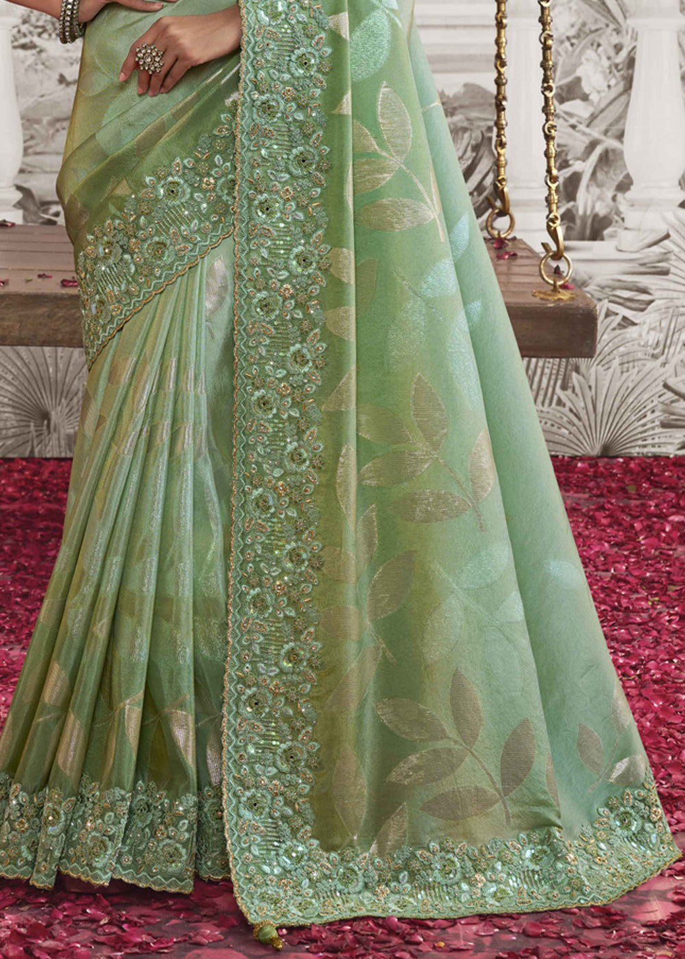 Buy MySilkLove Mint Green Embroidered Designer Silk Saree Online