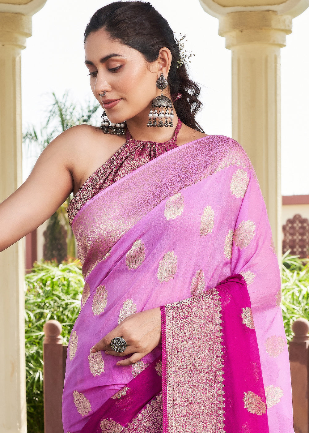 Buy MySilkLove Tyrian Purple Zari Woven Georgette Saree Online