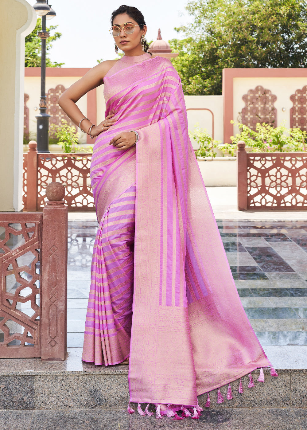 Buy MySilkLove Shocking Pink Woven Lehriya Georgette Saree Online