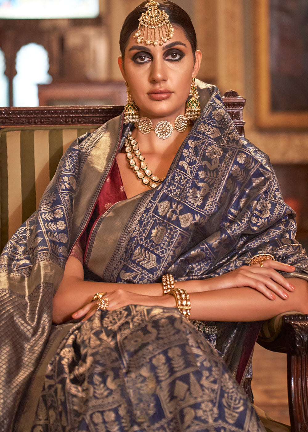 Buy MySilkLove Gun Powder Blue Woven Patola Silk Saree Online