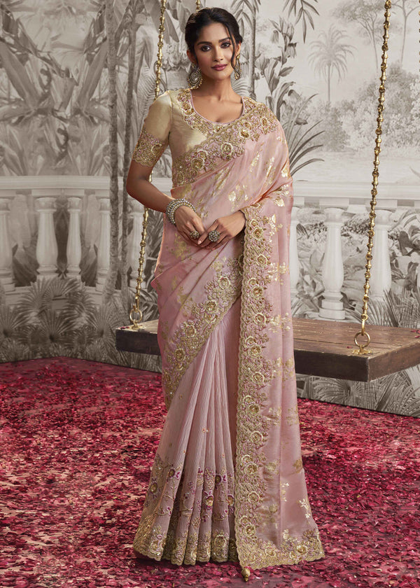 Crepe Pink Embroidered Designer Silk Saree