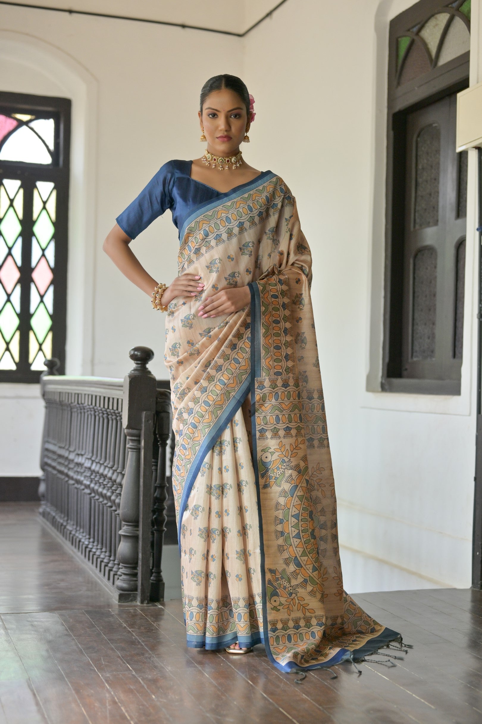 Buy MySilkLove Early Dawn Cream and Blue Madhubani Printed Tussar Silk Saree Online