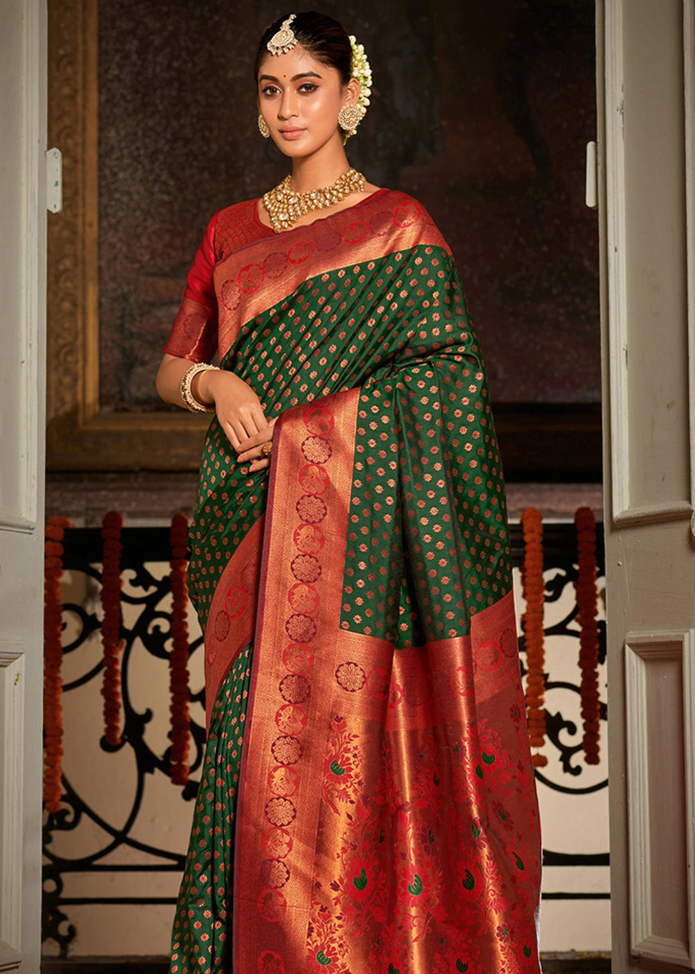 MySilkLove Woodland Green and Red Woven Banarasi Silk Saree