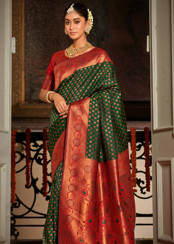 Woodland Green and Red Woven Banarasi Silk Saree