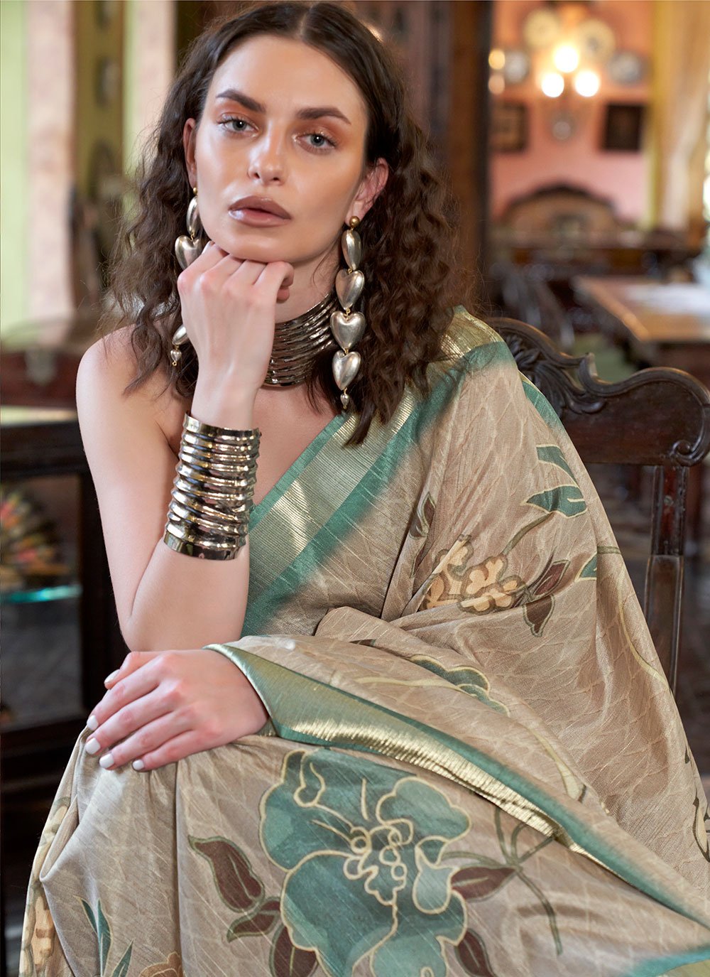 Buy MySilkLove Silver Rust Grey and Green Banarasi Floral Printed Saree Online