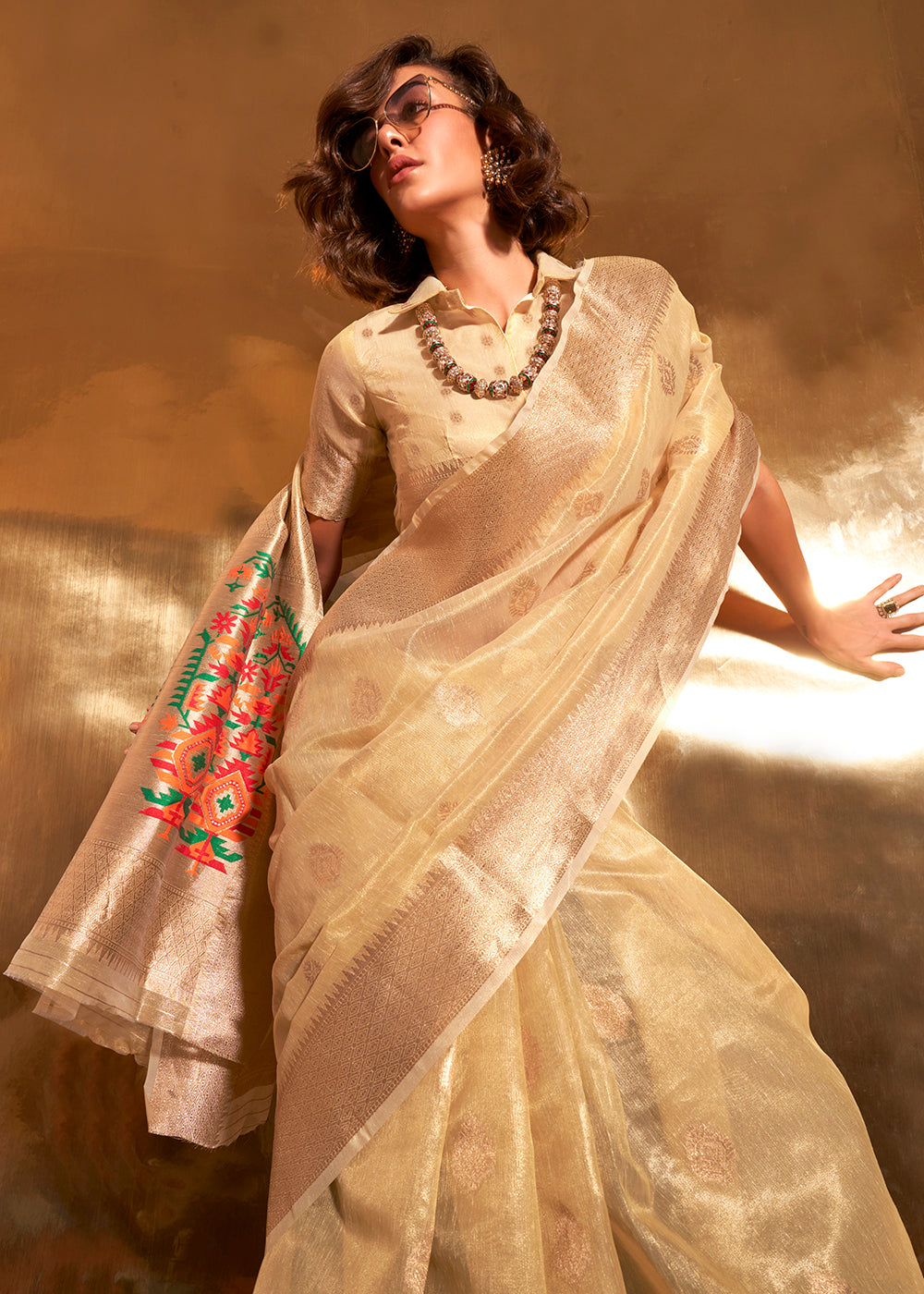 Buy MySilkLove Lemon Chiffon Yellow Handloom Tissue Silk Saree Online