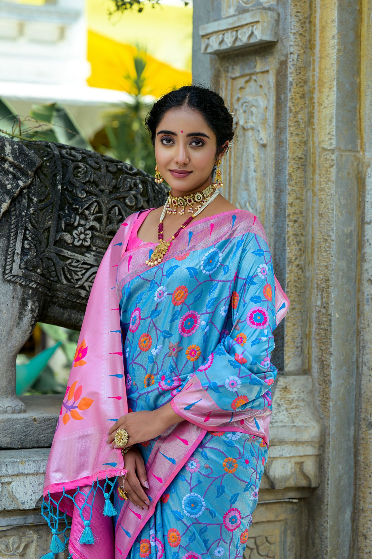 MySilkLove Pacific Blue and Pink Woven Paithani Saree