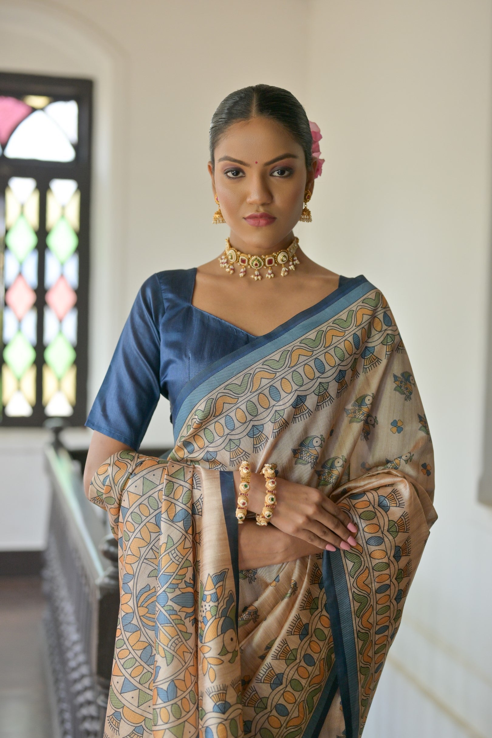 Buy MySilkLove Early Dawn Cream and Blue Madhubani Printed Tussar Silk Saree Online