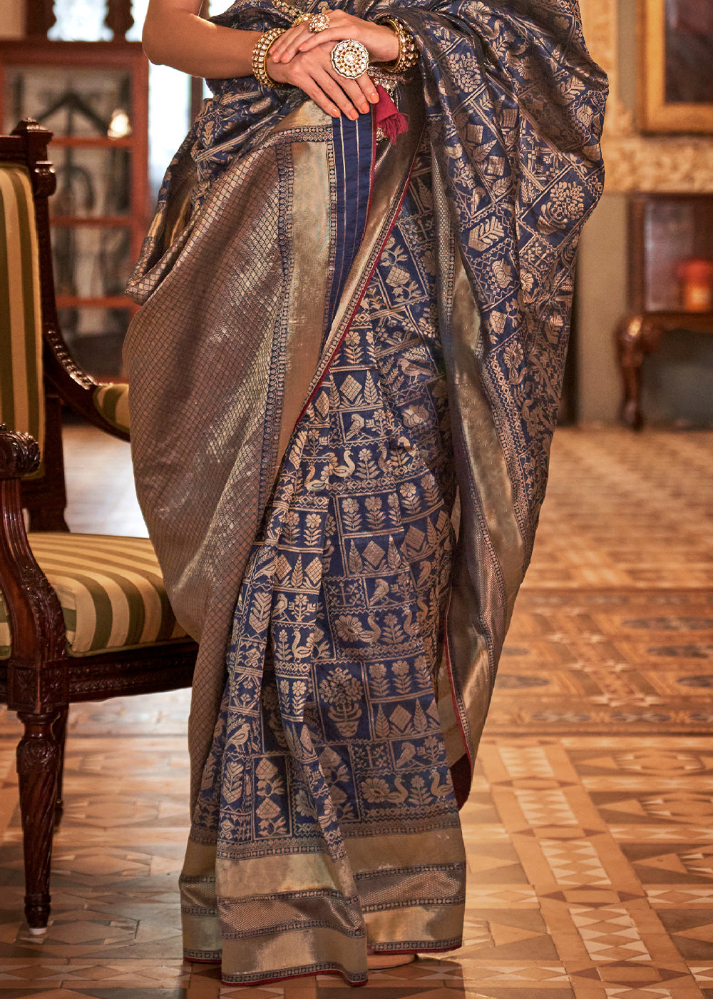 Buy MySilkLove Gun Powder Blue Woven Patola Silk Saree Online