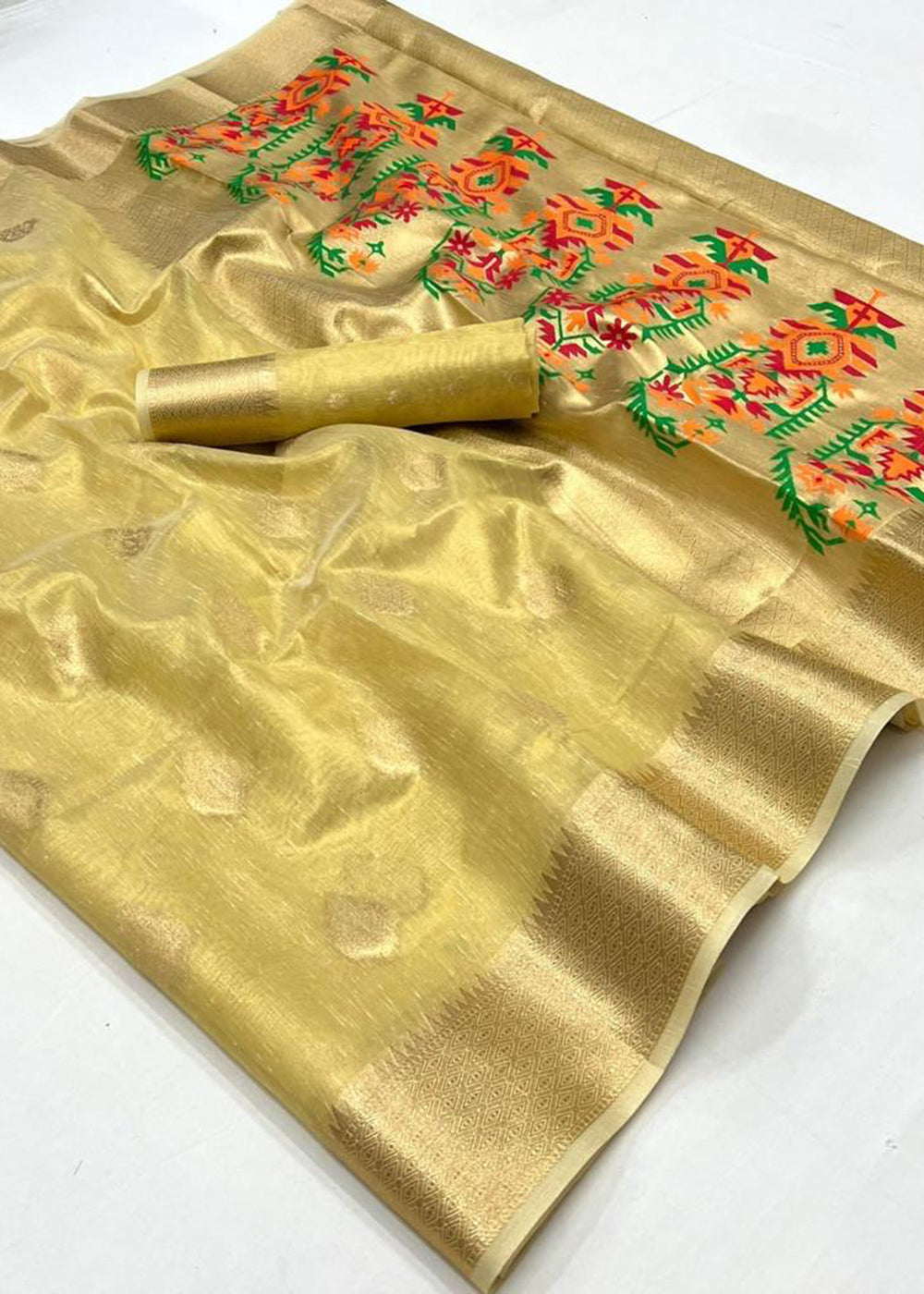 Buy MySilkLove Lemon Chiffon Yellow Handloom Tissue Silk Saree Online