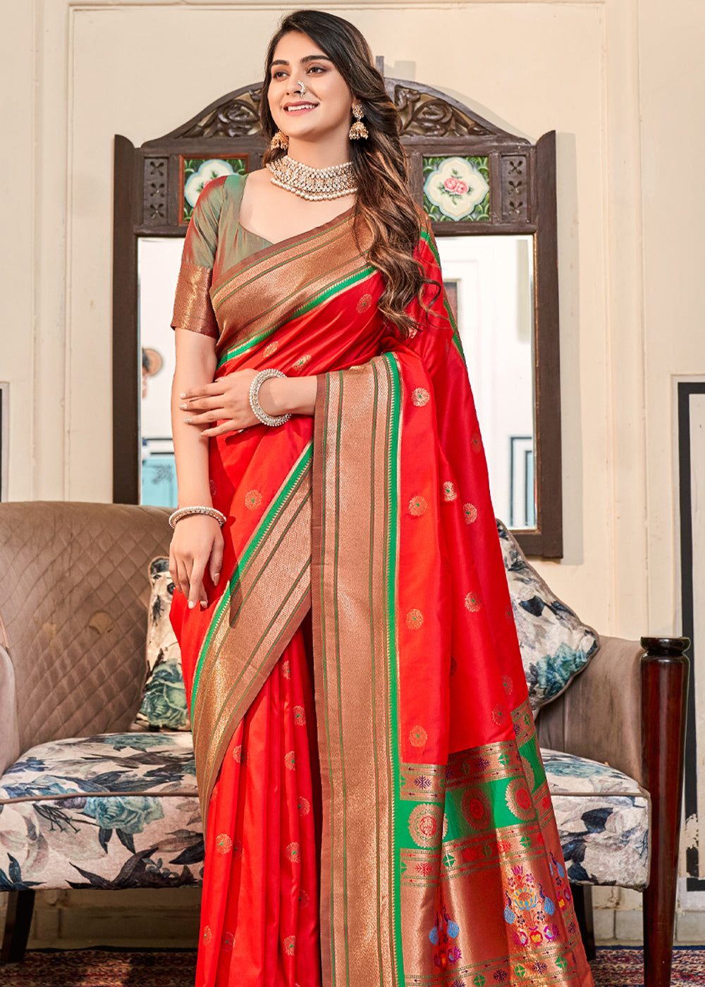 Buy MySilkLove Candy Apple Red Woven Paithani Soft Silk Saree Online