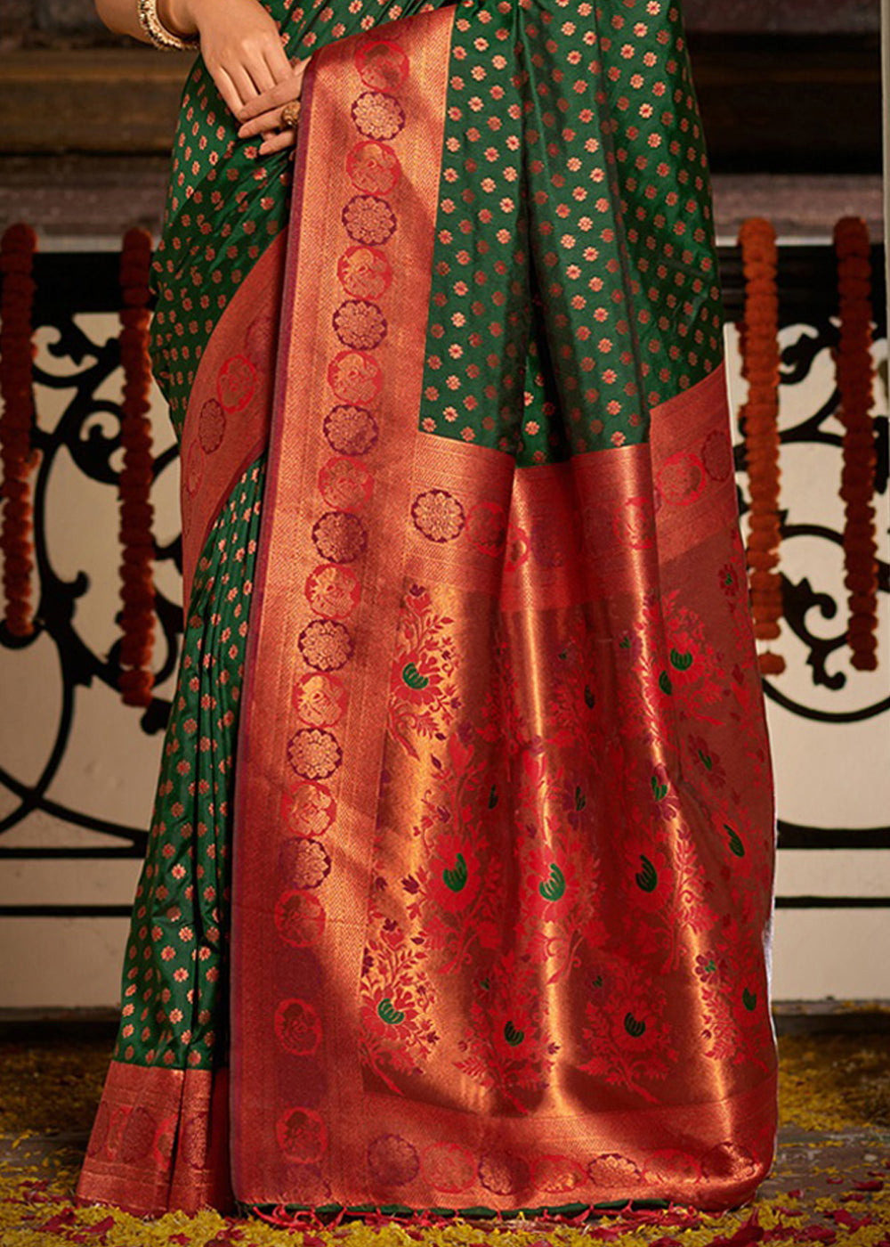 Buy MySilkLove Woodland Green and Red Woven Banarasi Silk Saree Online