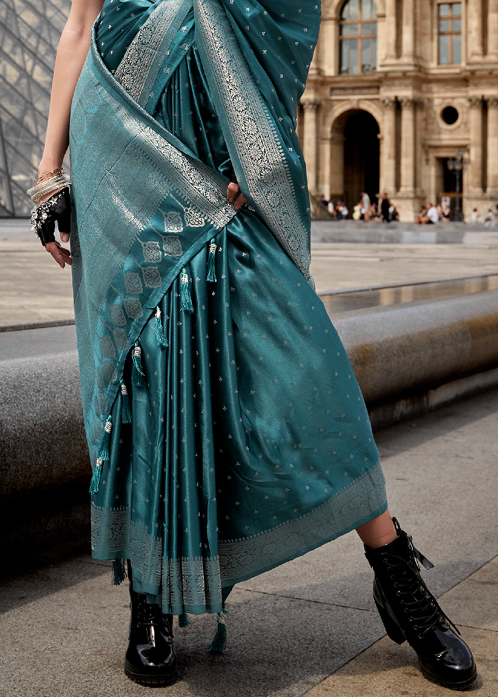 Buy MySilkLove Patina Blue Woven Banarasi Satin Silk Saree Online