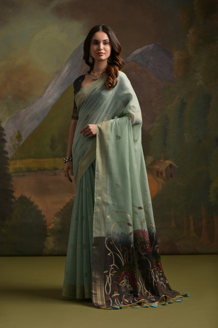 Peach Muga Cotton Saree with Thread Butti and Lakhnawi Pallu