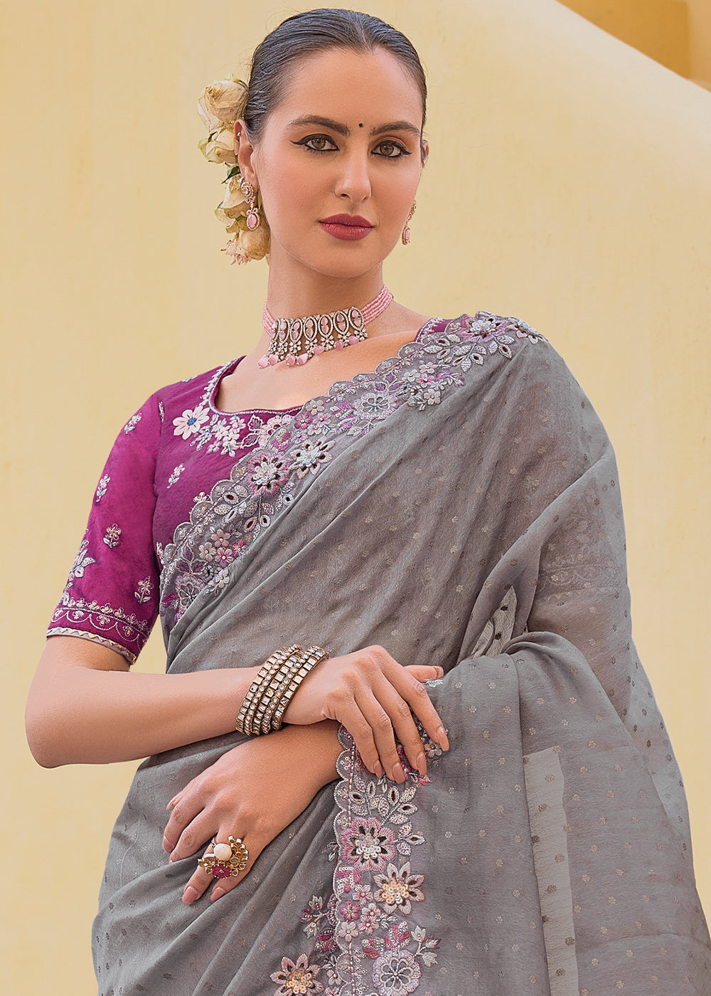 Buy MySilkLove Hurricane Grey Tissue Organza Embroidered Silk Saree Online