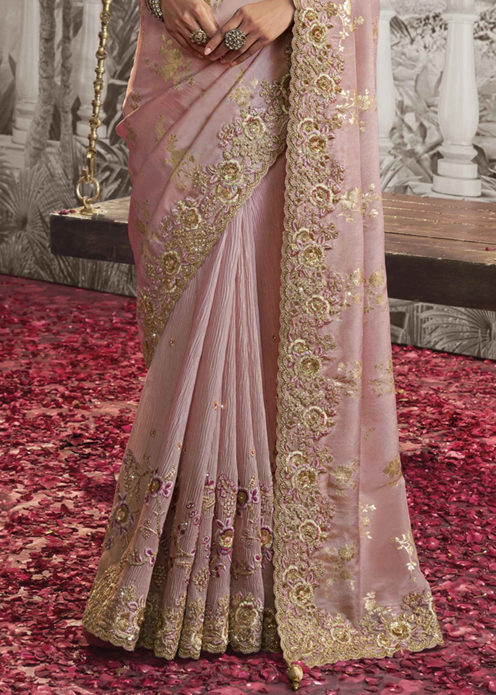 Buy MySilkLove Crepe Pink Embroidered Designer Silk Saree Online