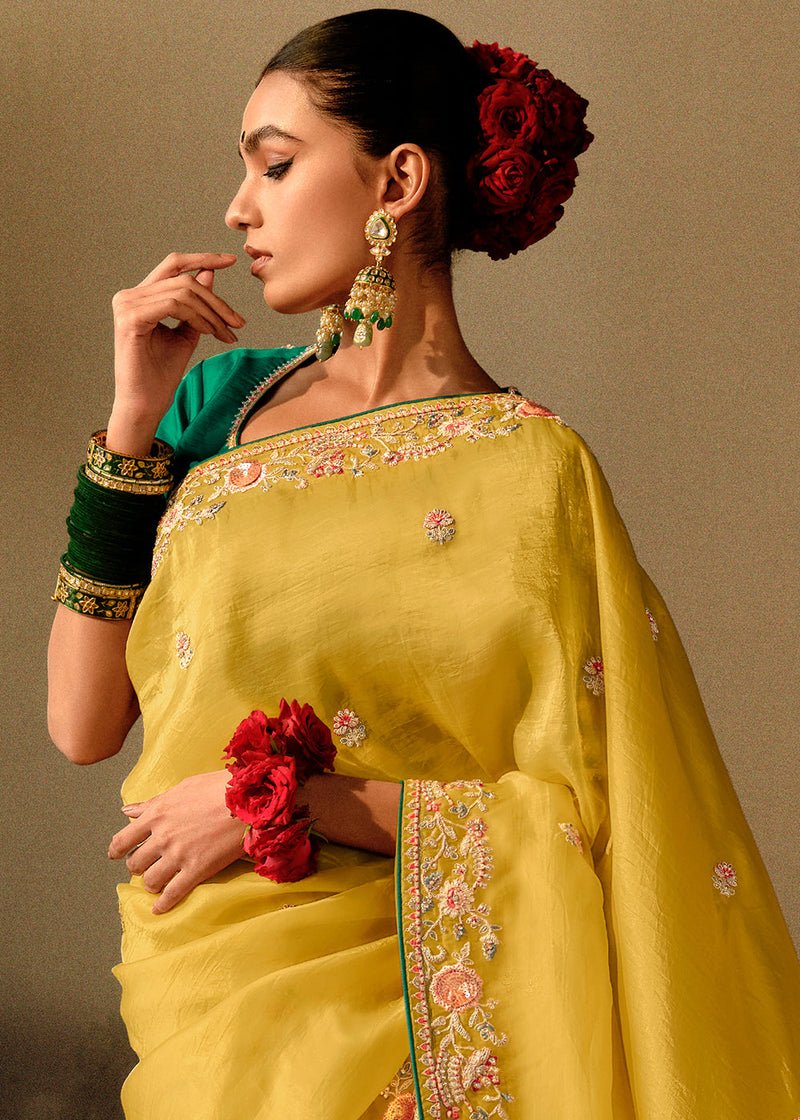 Geebung Yellow Embroidery Designer Banarasi Dola Silk Saree