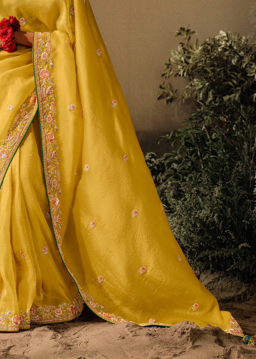 Buy MySilkLove Geebung Yellow Embroidery Designer Banarasi Dola Silk Saree Online