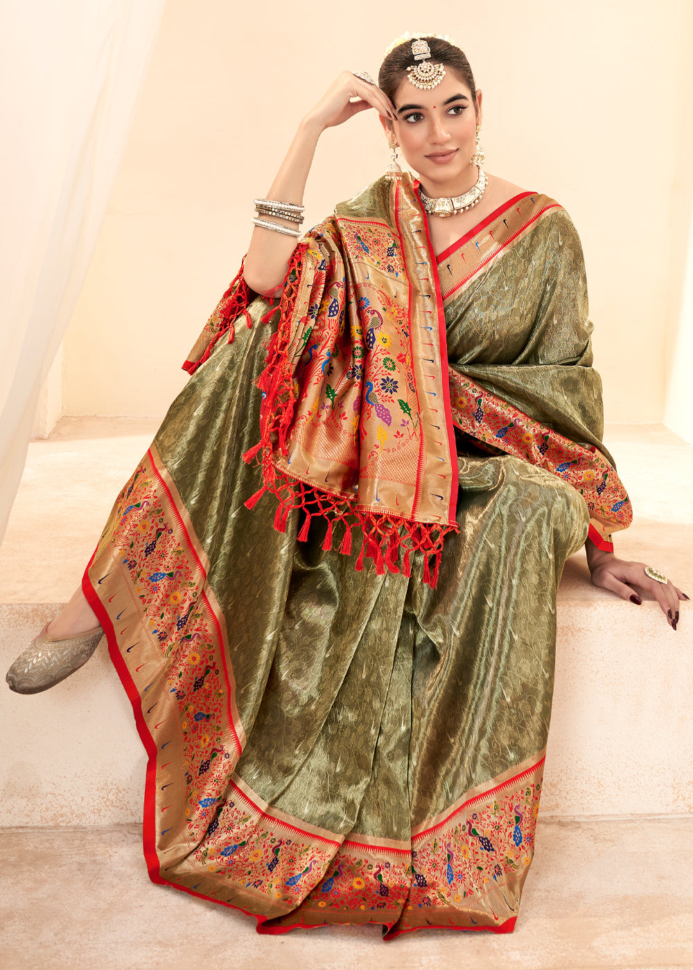 Buy MySilkLove Limed Oak Green Woven Paithani Tissue Silk Saree Online