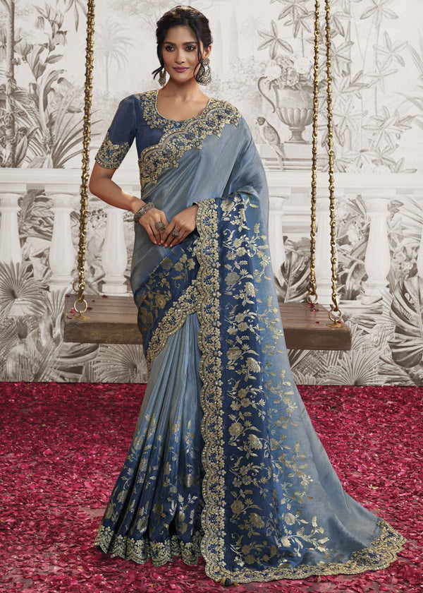 Lapis Blue Embroidered Designer Silk Saree