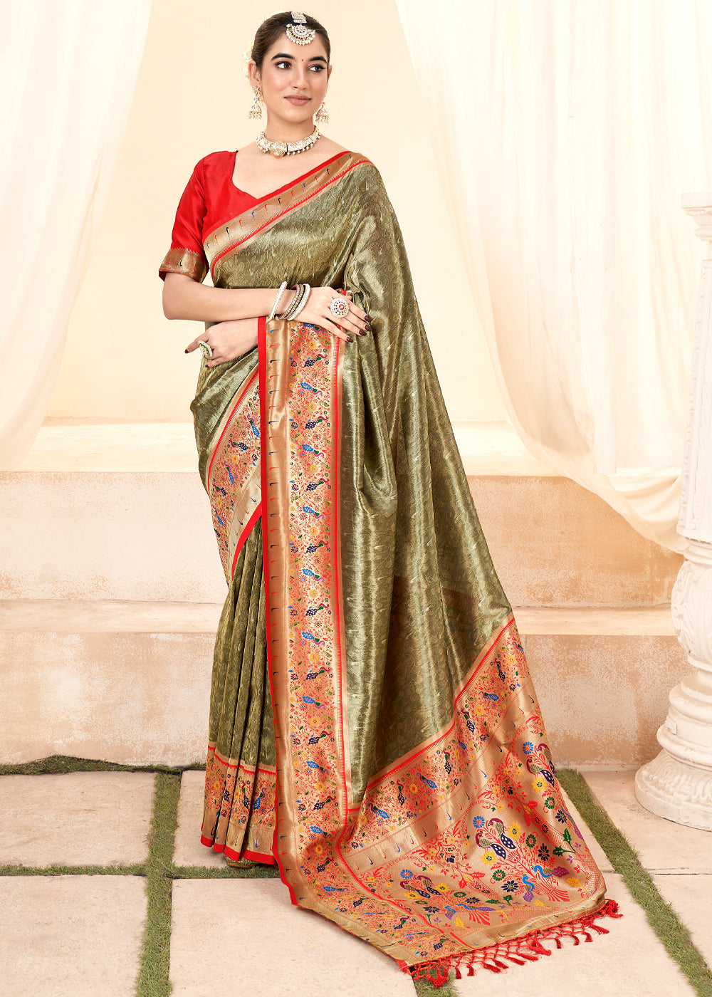Buy MySilkLove Limed Oak Green Woven Paithani Tissue Silk Saree Online