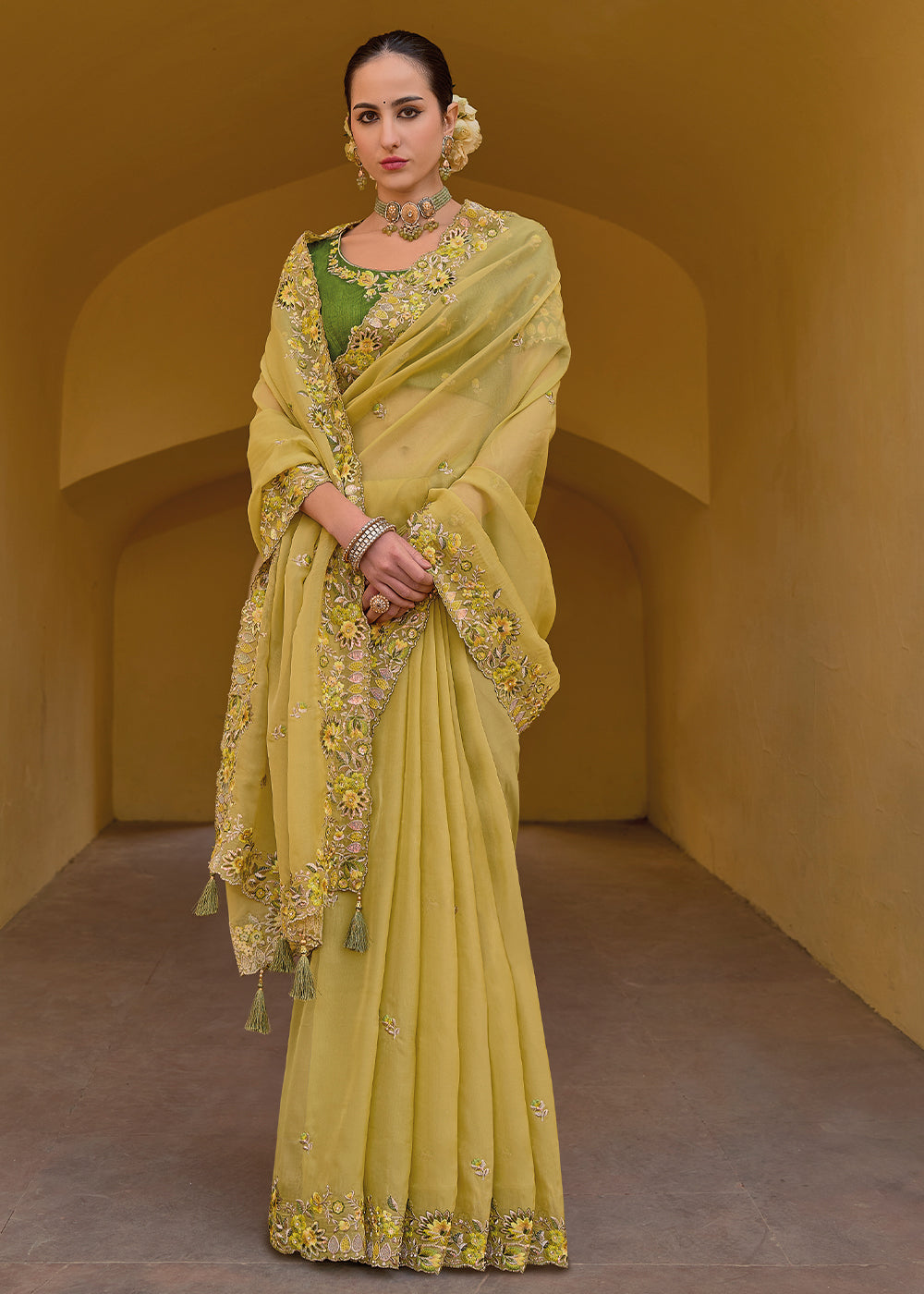 Buy MySilkLove Husk Yellow Tissue Organza Embroidered Silk Saree Online