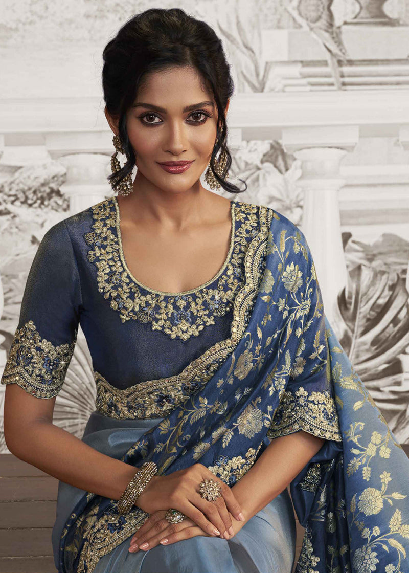 San Blue Designer Lycra Saree with Embroidery Work – MySilkLove