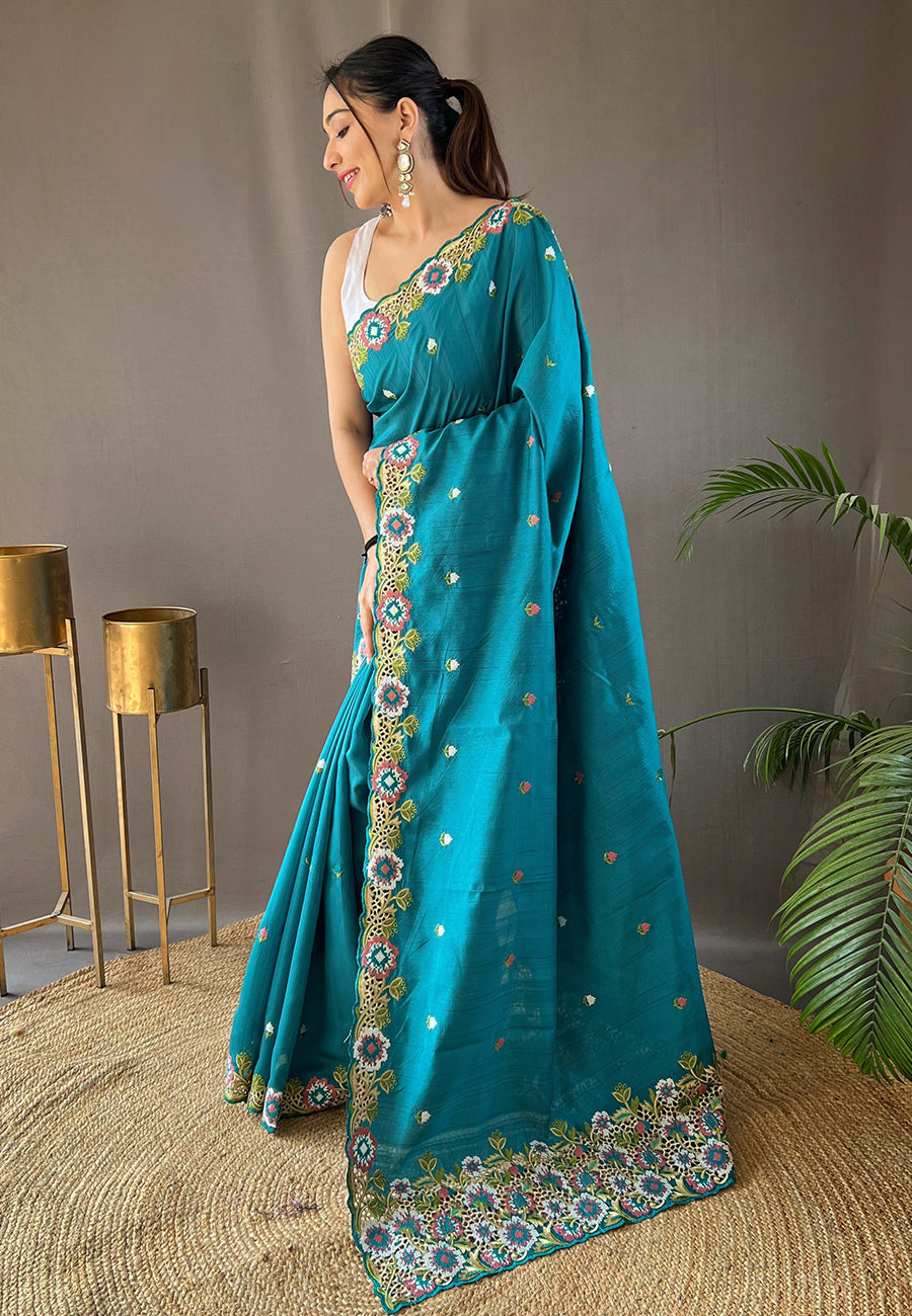 Buy MySilkLove Pacific Blue Embroidered Tussar Silk Saree Online