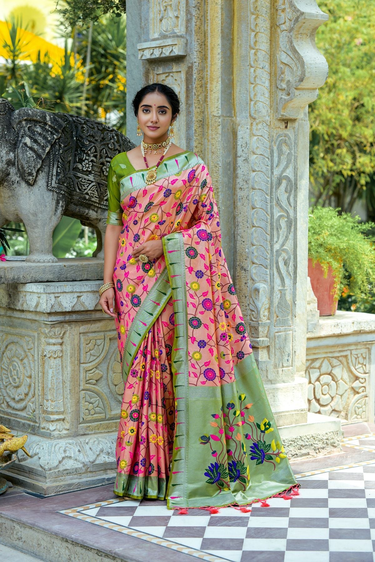 Buy MySilkLove Mulberry Pink and Green Woven Paithani Saree Online