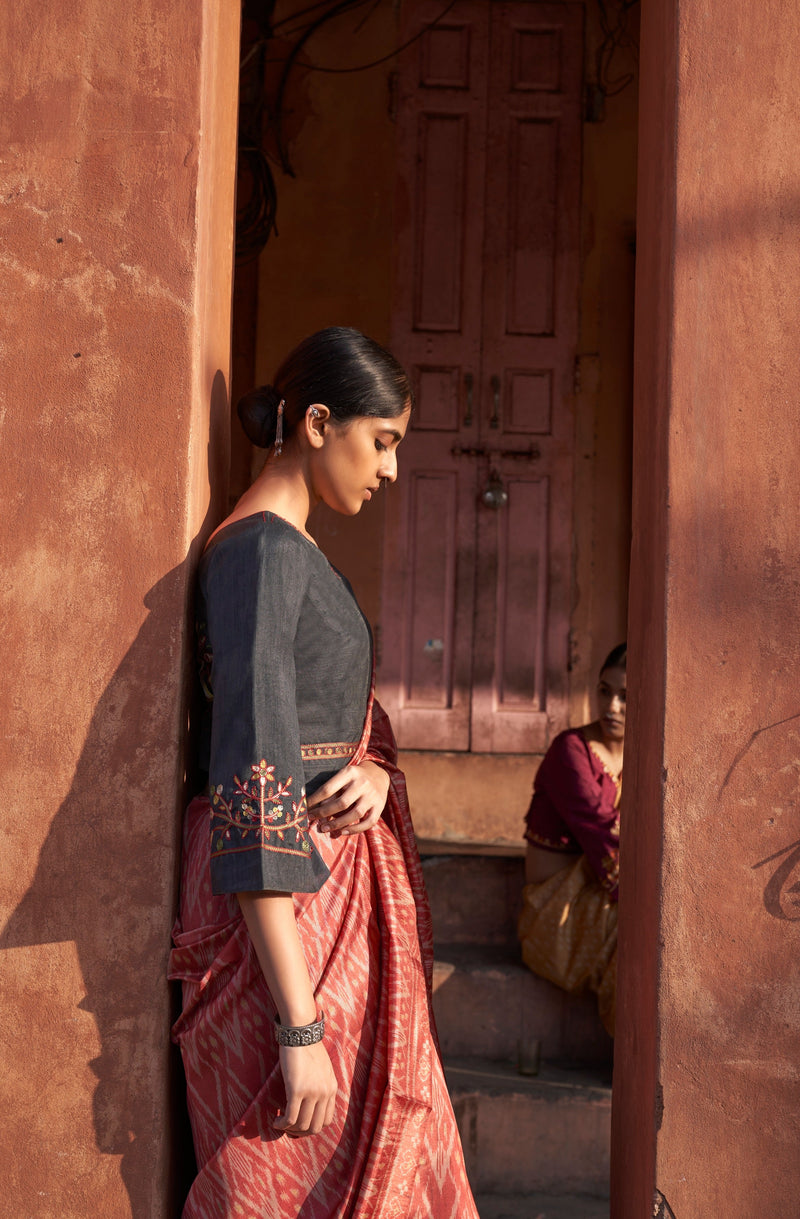 twin flowers : smart trendy ikat blouse in cotton with hand embroidered  floral motif