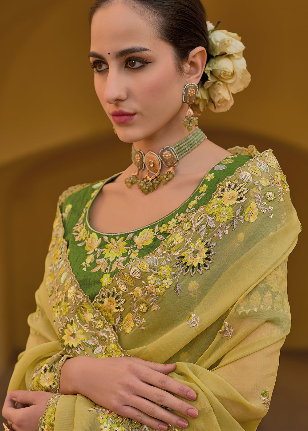 Buy MySilkLove Husk Yellow Tissue Organza Embroidered Silk Saree Online