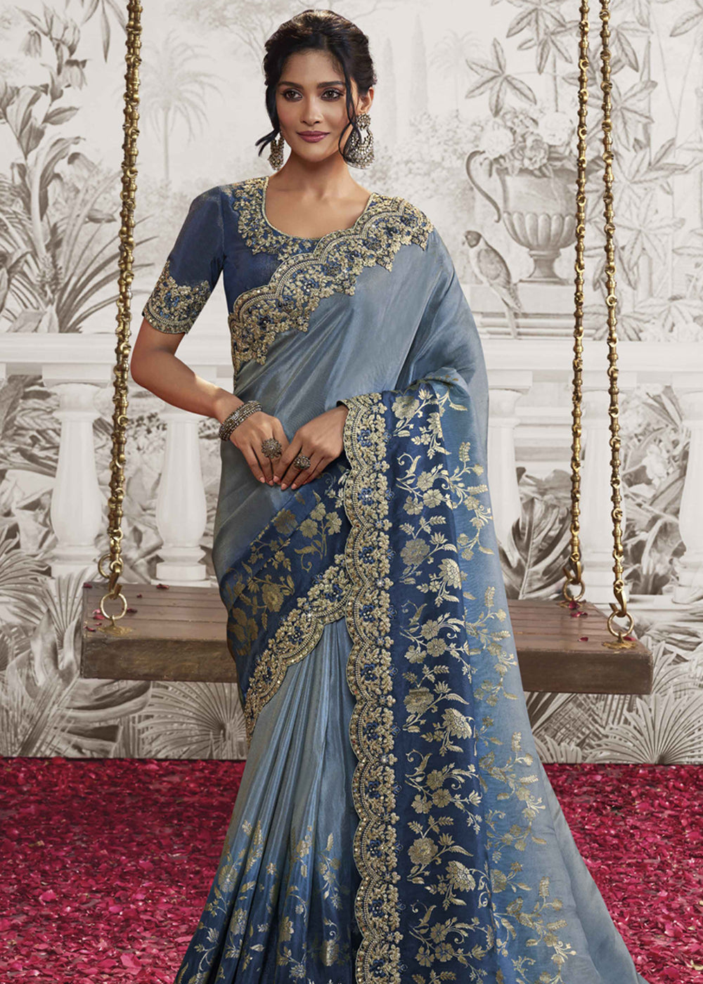 Buy MySilkLove Lapis Blue Embroidered Designer Silk Saree Online