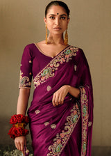 Claret Purple Embroidery Designer Banarasi Dola Silk Saree