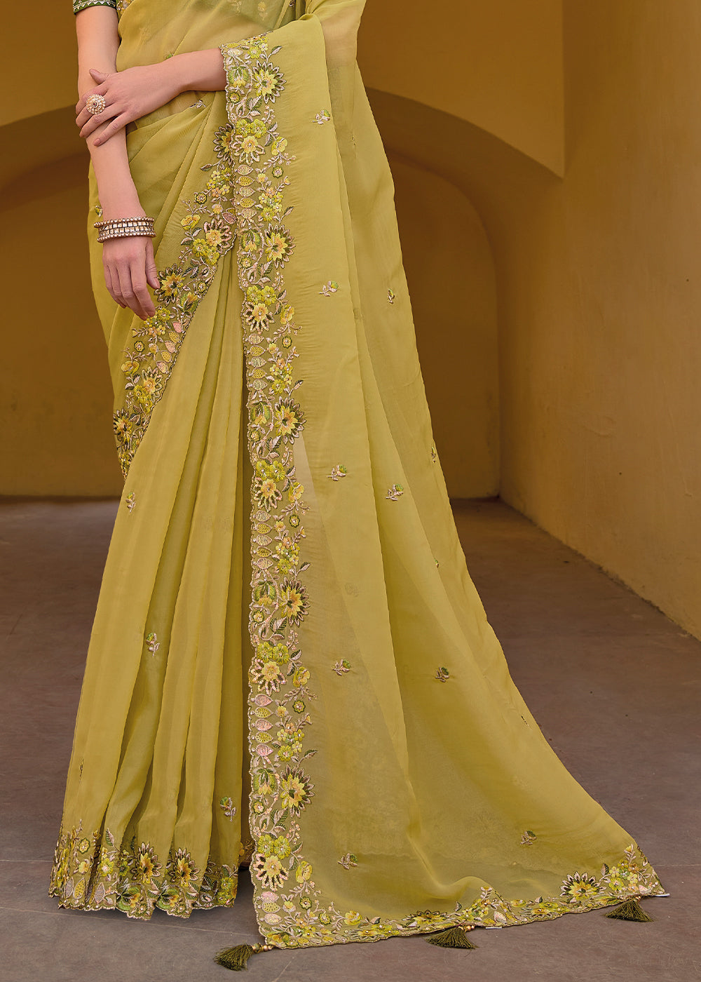 Buy MySilkLove Husk Yellow Tissue Organza Embroidered Silk Saree Online