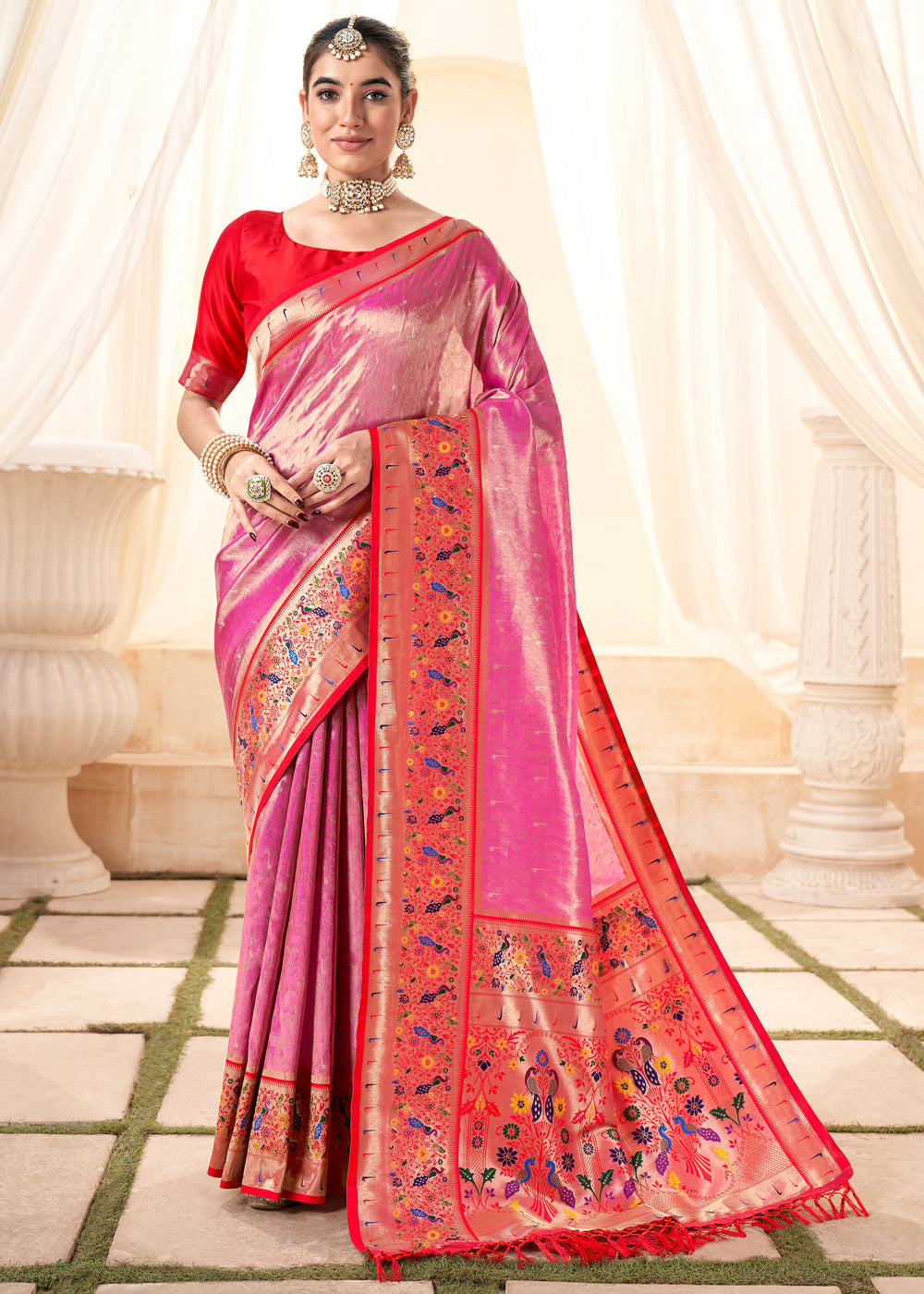 Buy MySilkLove Chestnut Rose Pink Woven Paithani Tissue Silk Saree Online