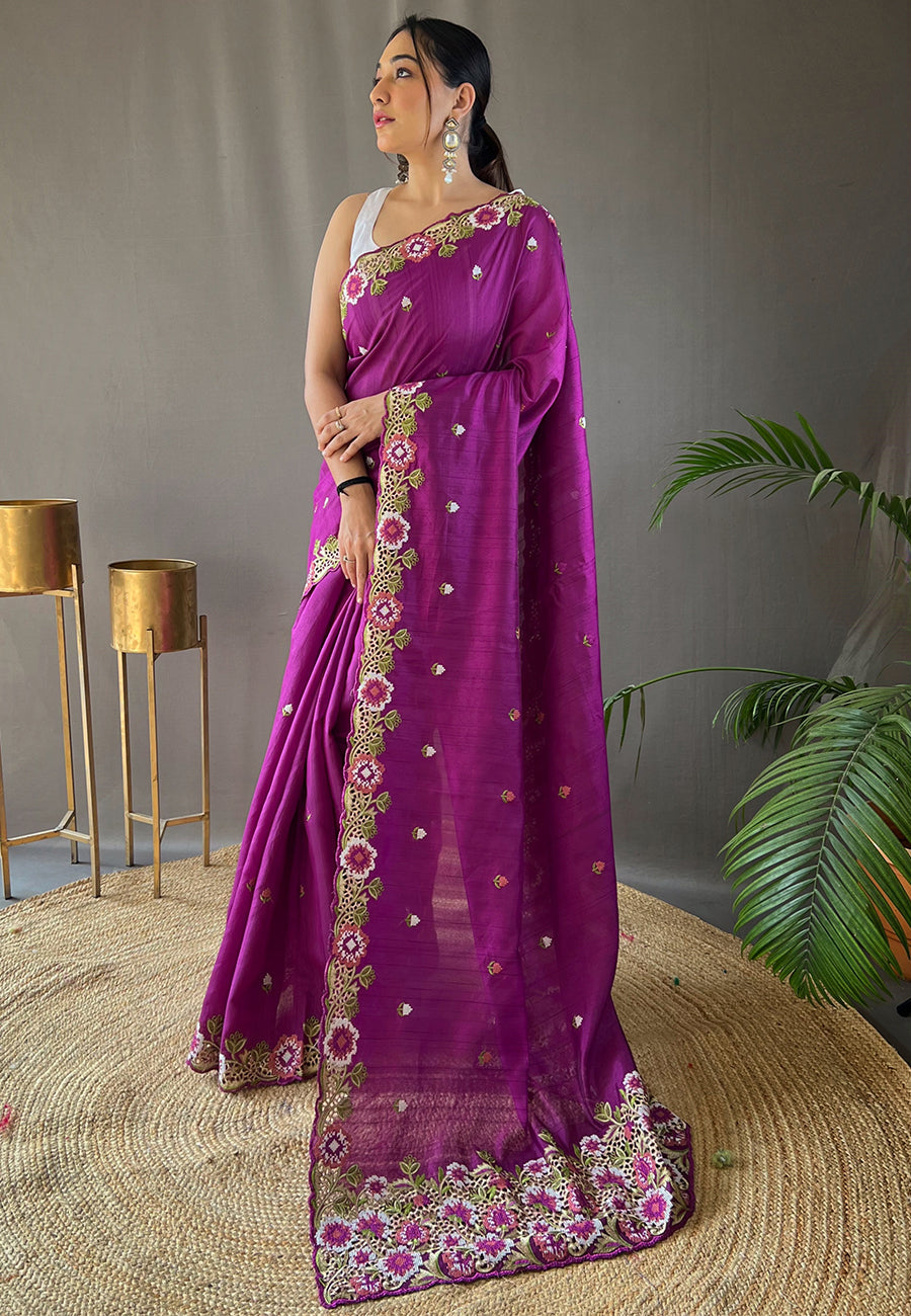 Buy MySilkLove Mulberry Wood Purple Embroidered Tussar Silk Saree Online