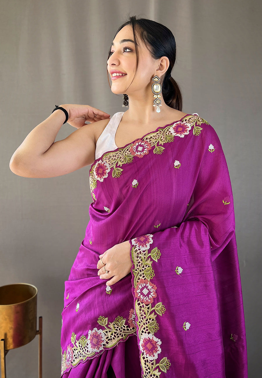 Buy MySilkLove Mulberry Wood Purple Embroidered Tussar Silk Saree Online