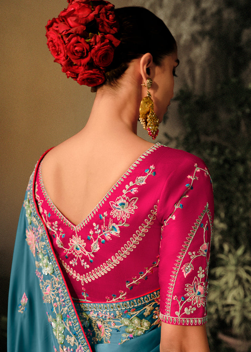 Faded Jade Green Embroidery Designer Banarasi Dola Silk Saree