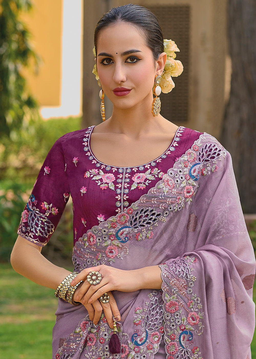 Buy MySilkLove Falcon Purple Tissue Organza Embroidered Silk Saree Online