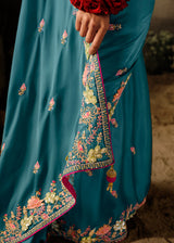 Faded Jade Green Embroidery Designer Banarasi Dola Silk Saree